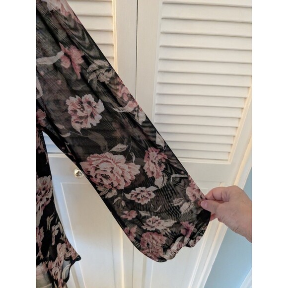 Say Anything Top Women's 1X Boho High Low Long Sleeves Multi Floral Mesh Sheer - Picture 5 of 13